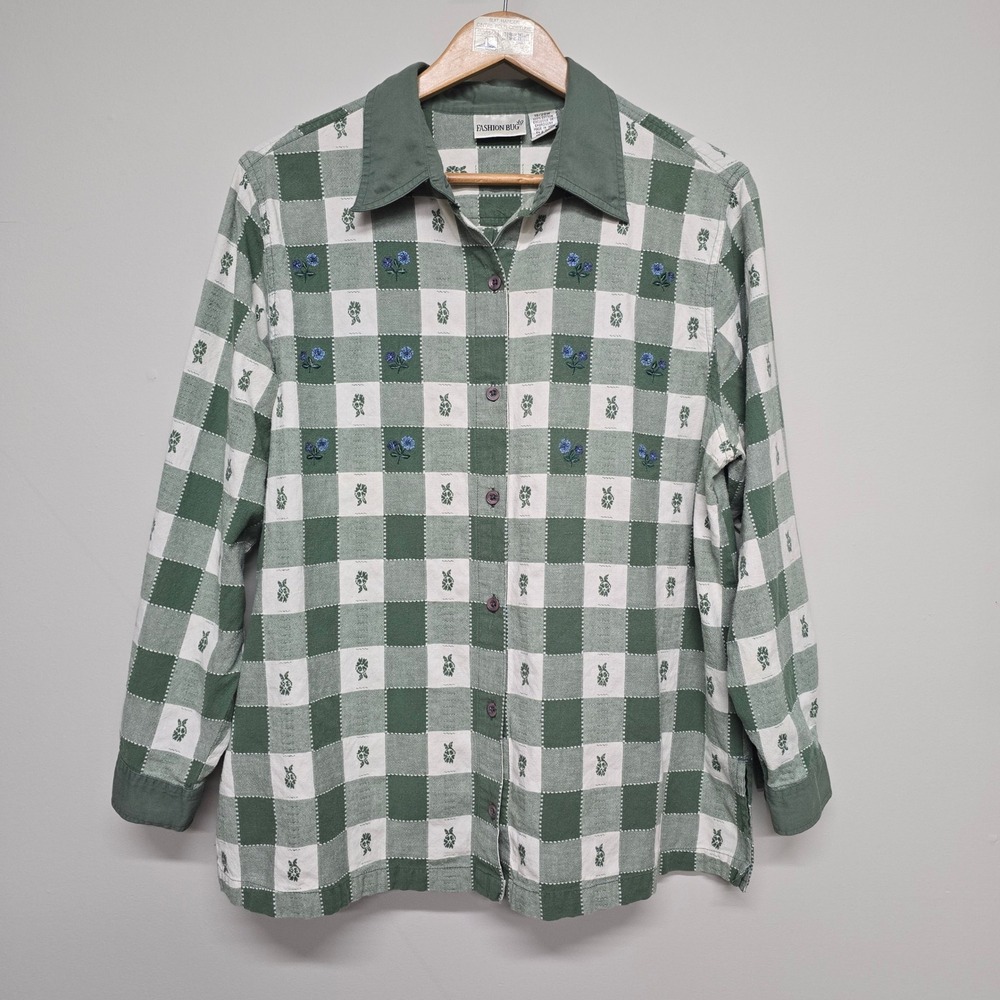 Vintage Fashion Bug Shirt Womens 18/20W Green White Cotton Floral Cottagecore